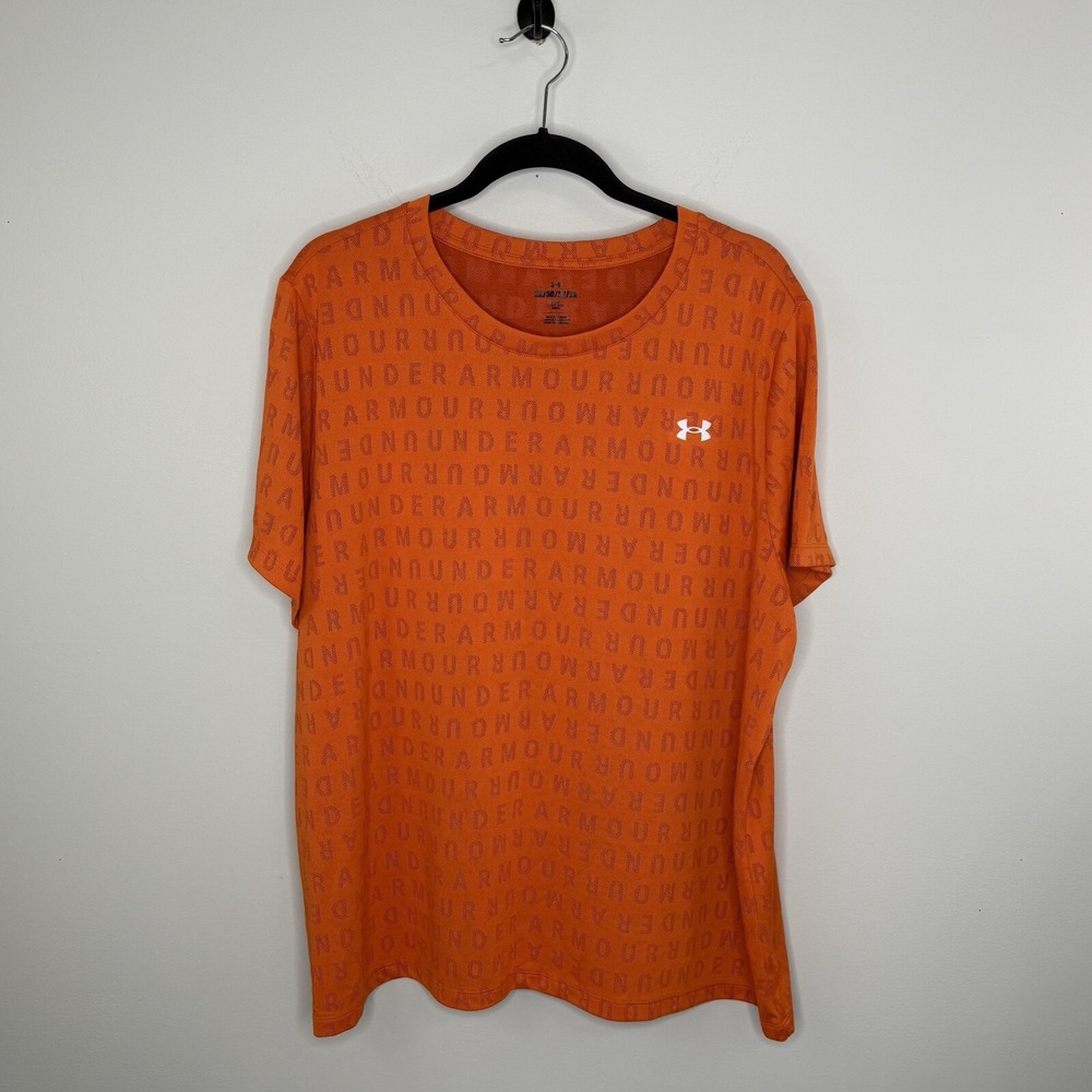 Under Armour Loose Shirt Men's Size 2XL XXL Orange Spell Out Breathable Rare EUC